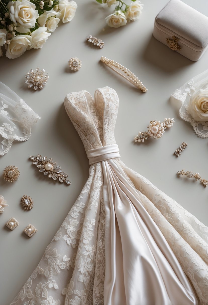 Close-up of a wedding dress fabric with hair accessories and keepsake items arranged nearby on a soft background.