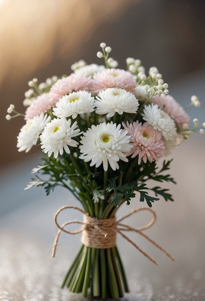 A small bouquet of white and pastel chrysanthemums wrapped with a ribbon, held against a softly blurred background.