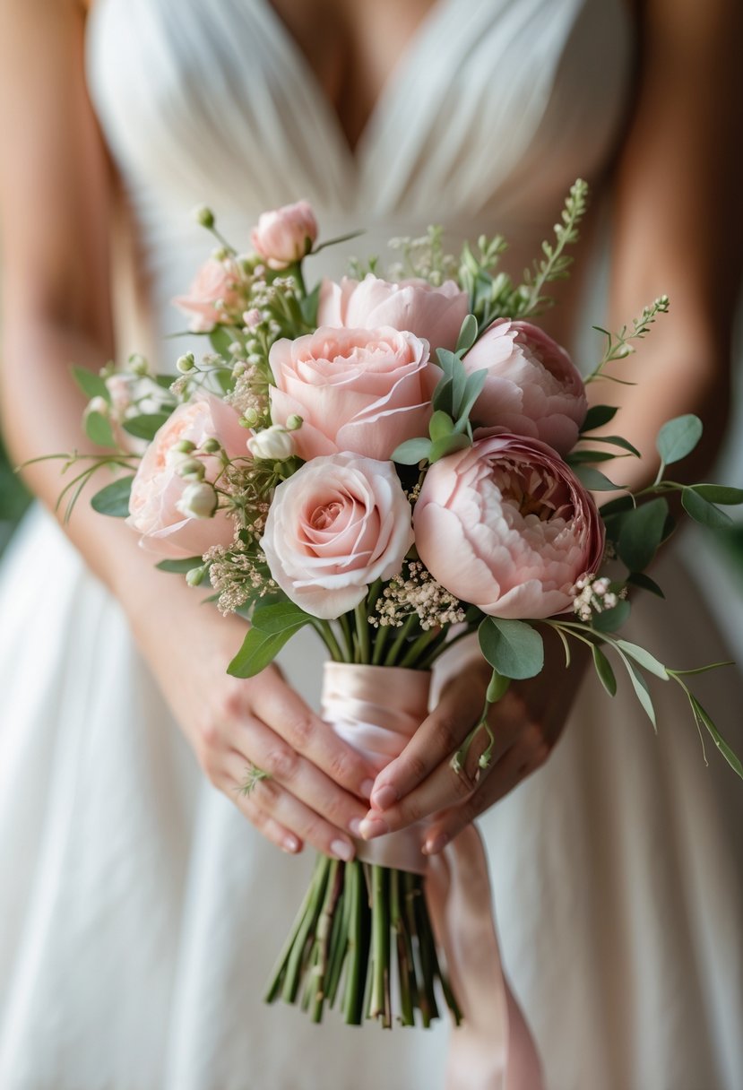A small bridal bouquet of soft pink flowers held in hands with a blurred background.