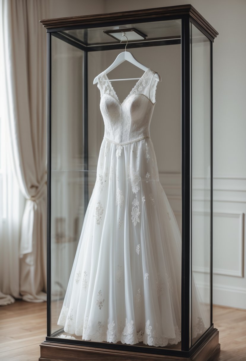 A white wedding dress preserved inside a glass display case in a softly lit room.