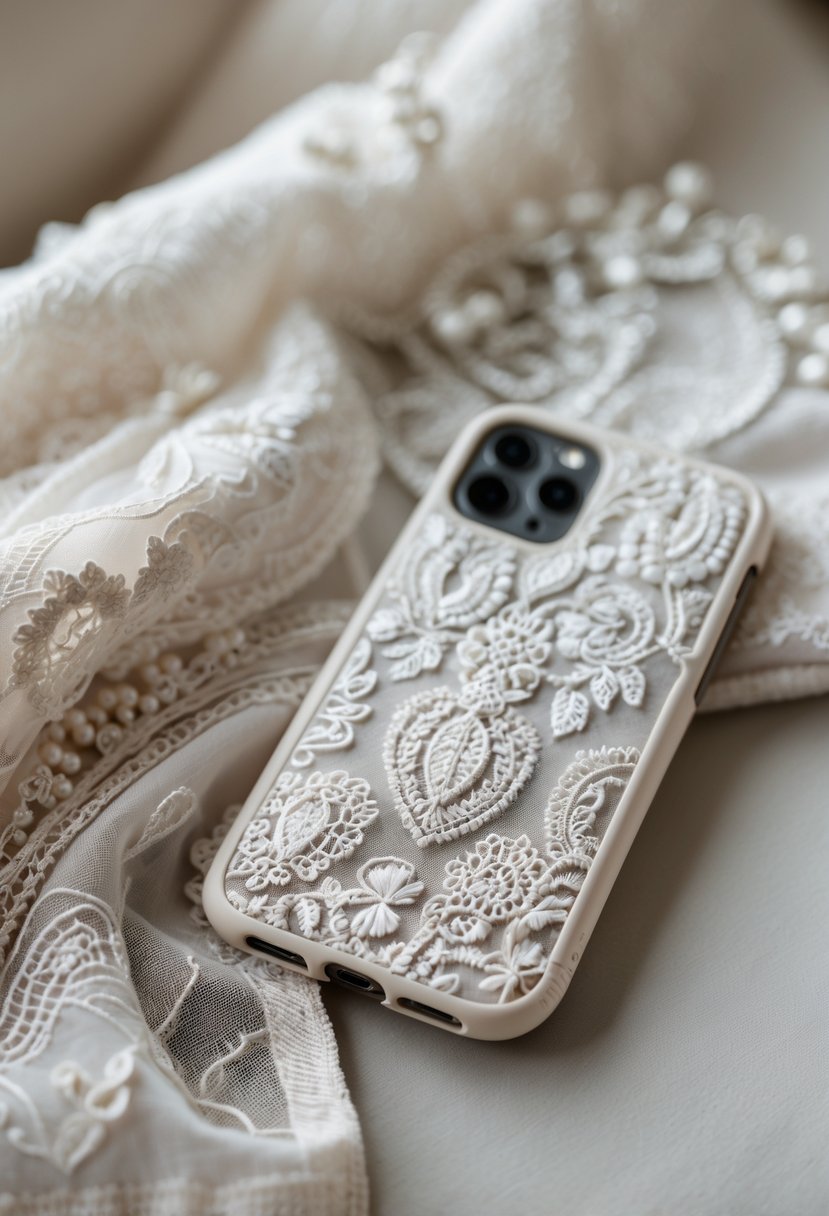 Close-up of wedding dress fabric next to a matching phone case on a clean surface.