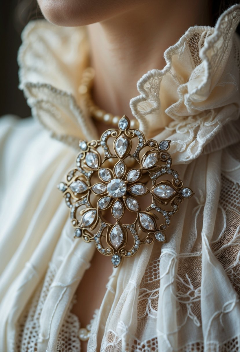 Close-up of an heirloom brooch pinned to the collar of a vintage wedding dress.