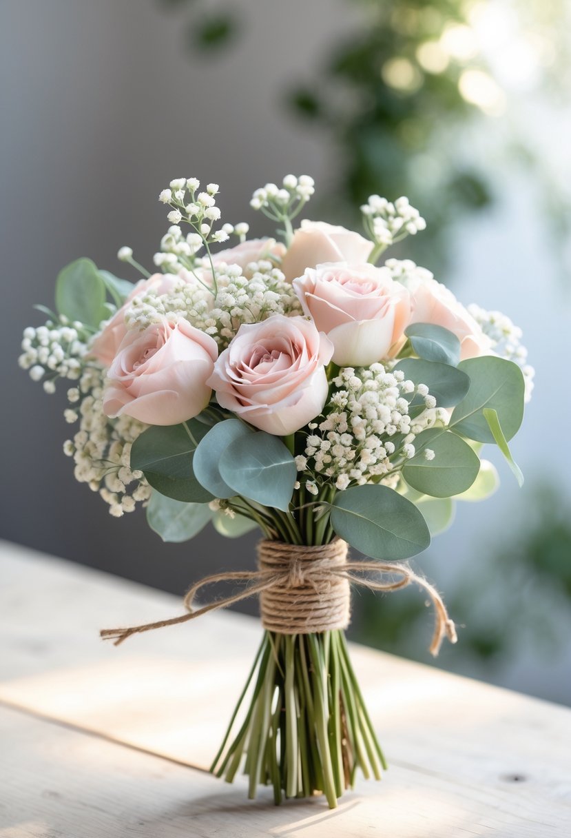 A small wedding bouquet with pale pink roses, white baby's breath, and green leaves on a wooden table with soft natural light.