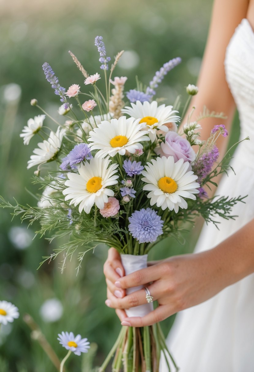 A small wedding bouquet of daisies and wildflowers held outdoors with greenery in the background.