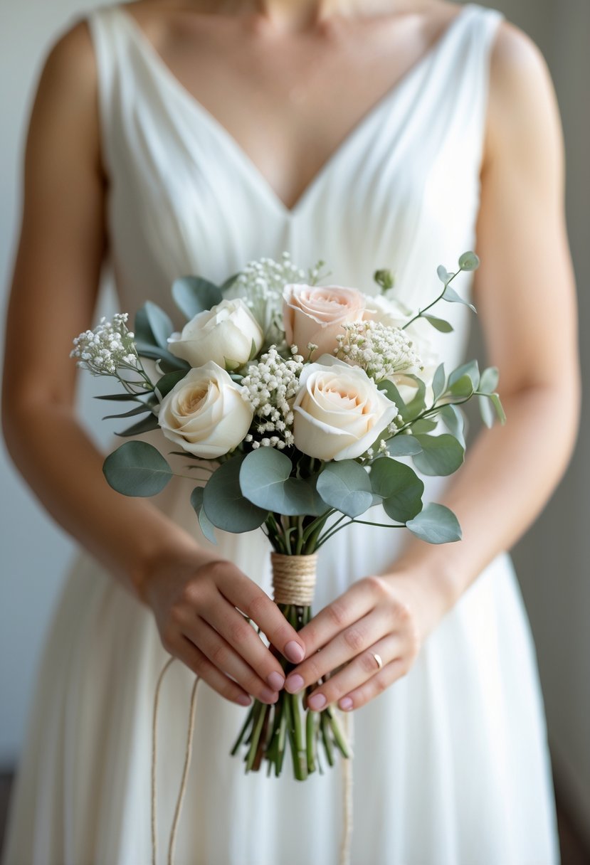 A small wedding bouquet with white and pastel flowers held by a person in a light-colored dress.