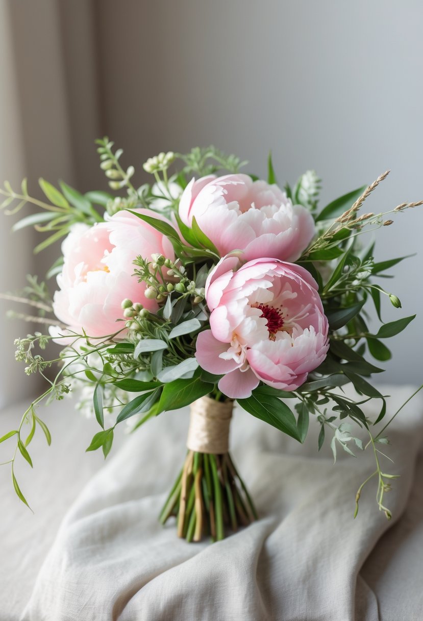 A small wedding bouquet with pink peonies and green leaves on a neutral background.