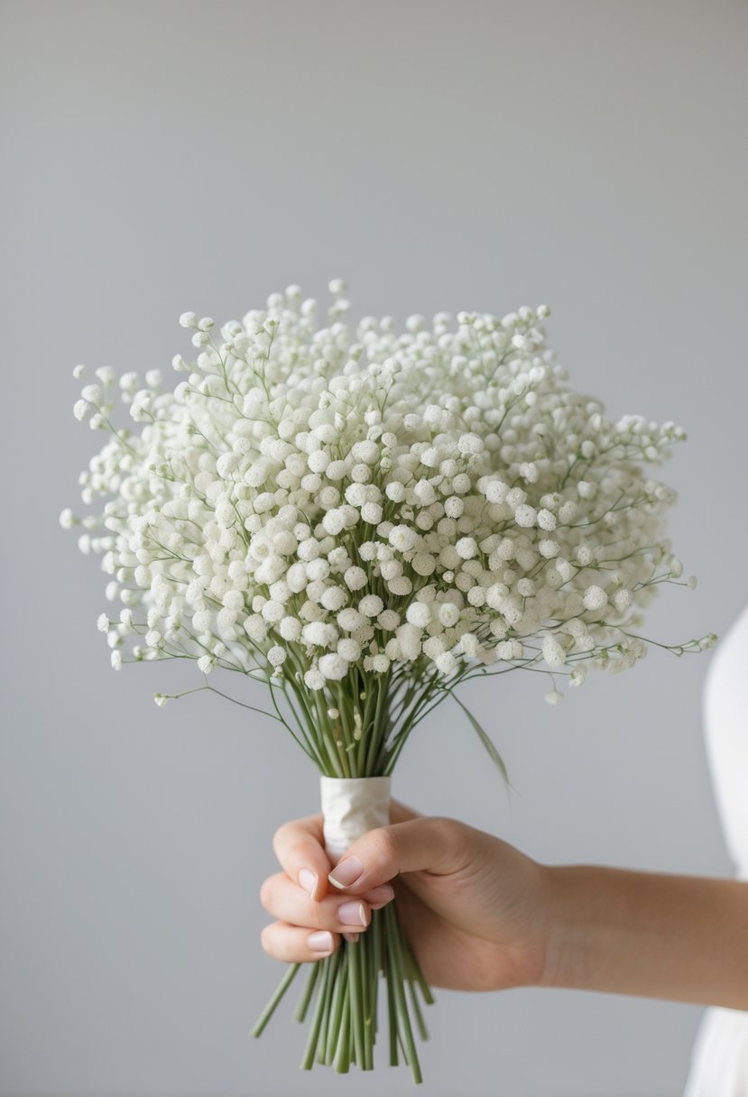 A small bouquet of white Baby's Breath flowers held by hands against a plain background.