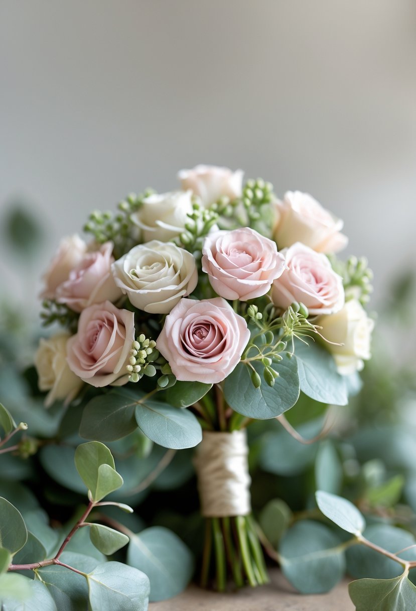 A small wedding bouquet with mini roses and eucalyptus leaves on a neutral blurred background.