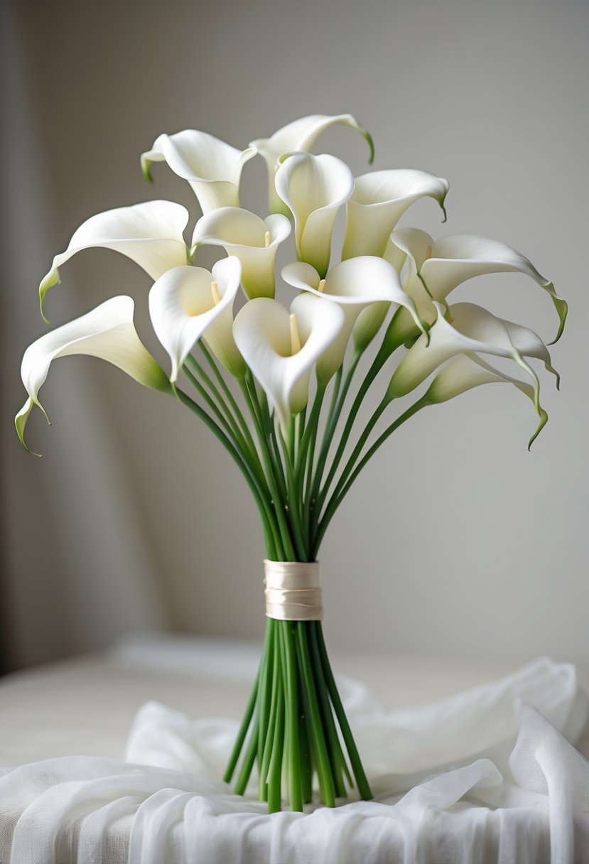 A small bouquet of white Calla Lilies with long green stems against a softly blurred neutral background.