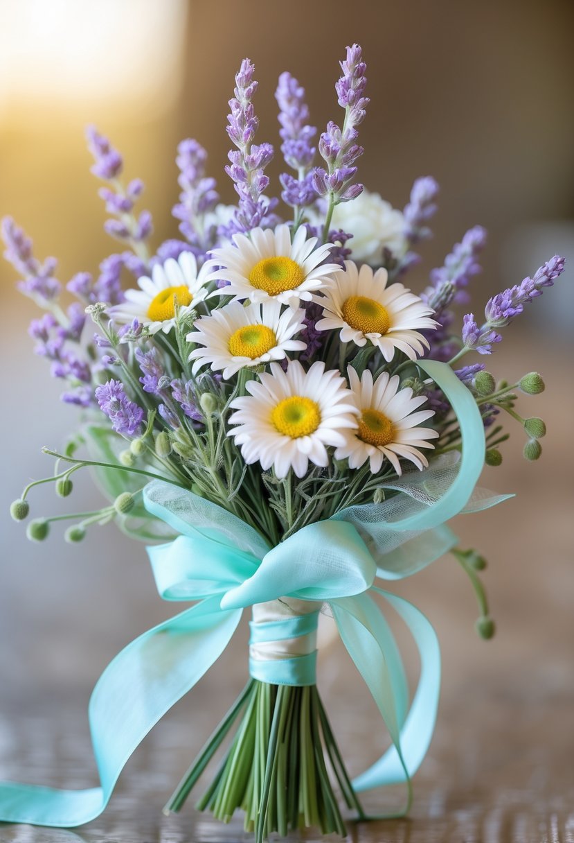 A small wedding bouquet of lavender and white daisies tied with a soft ribbon against a blurred background.