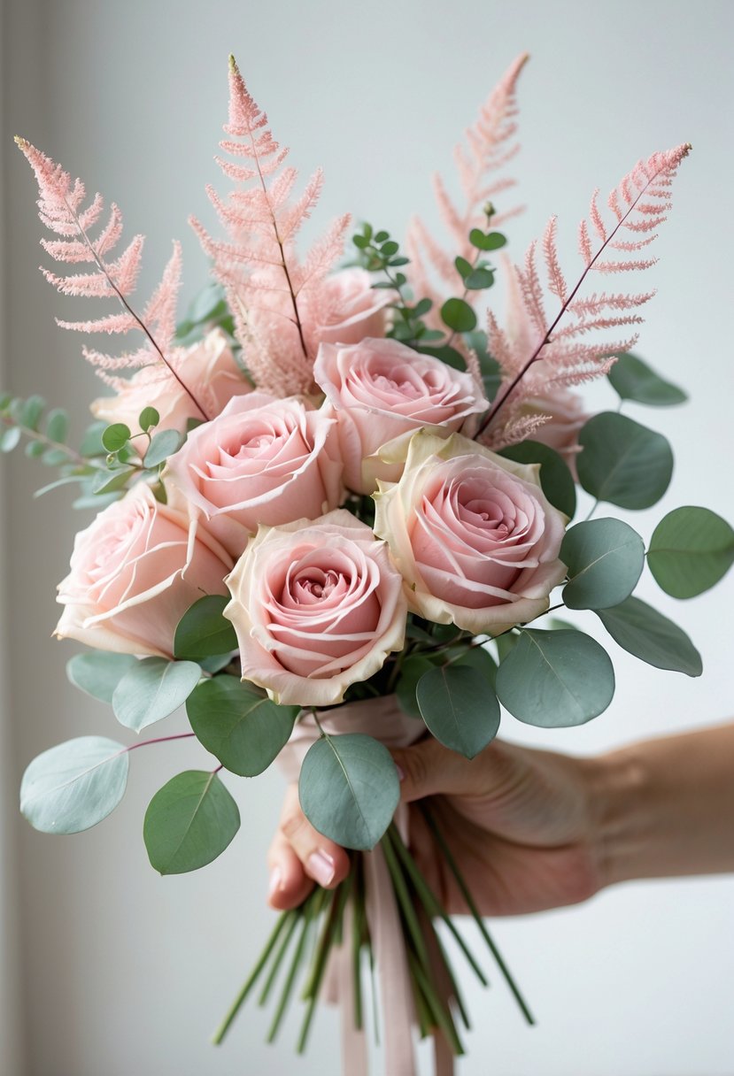 A small wedding bouquet featuring blush garden roses, pink astilbe flowers, and green eucalyptus leaves against a neutral background.