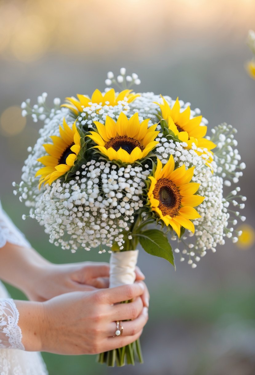 A small wedding bouquet with bright yellow sunflowers and white baby's breath flowers.