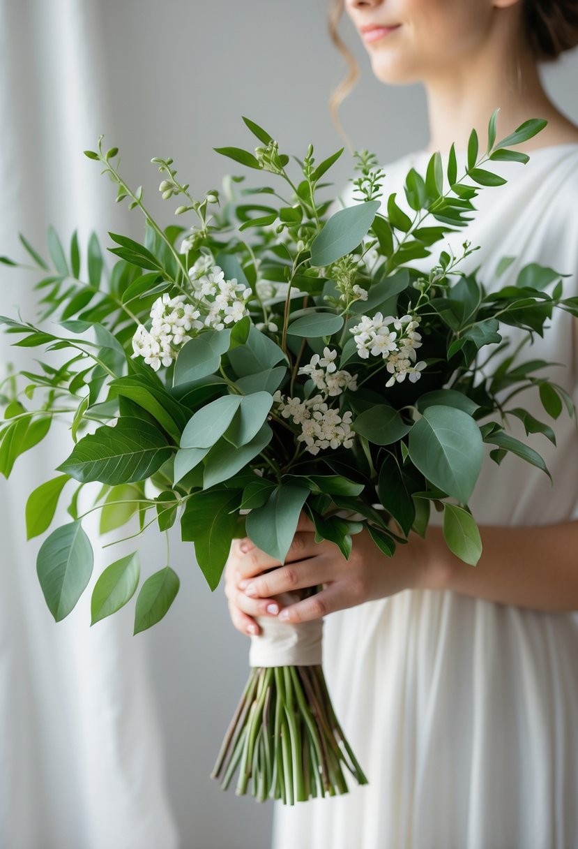 A small wedding bouquet made of green leaves and white flowers held by a person against a blurred background.
