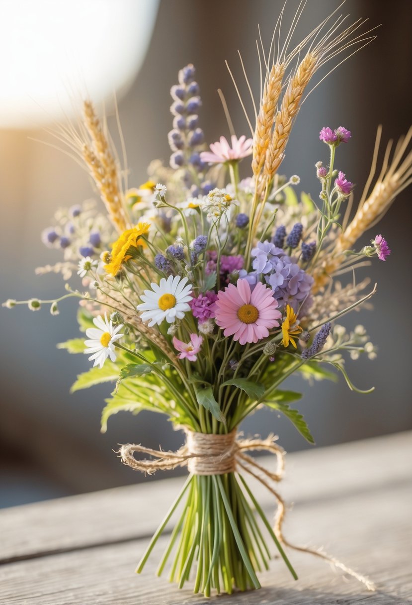 A small wedding bouquet made of colorful wildflowers and golden wheat stalks tied together with a ribbon.