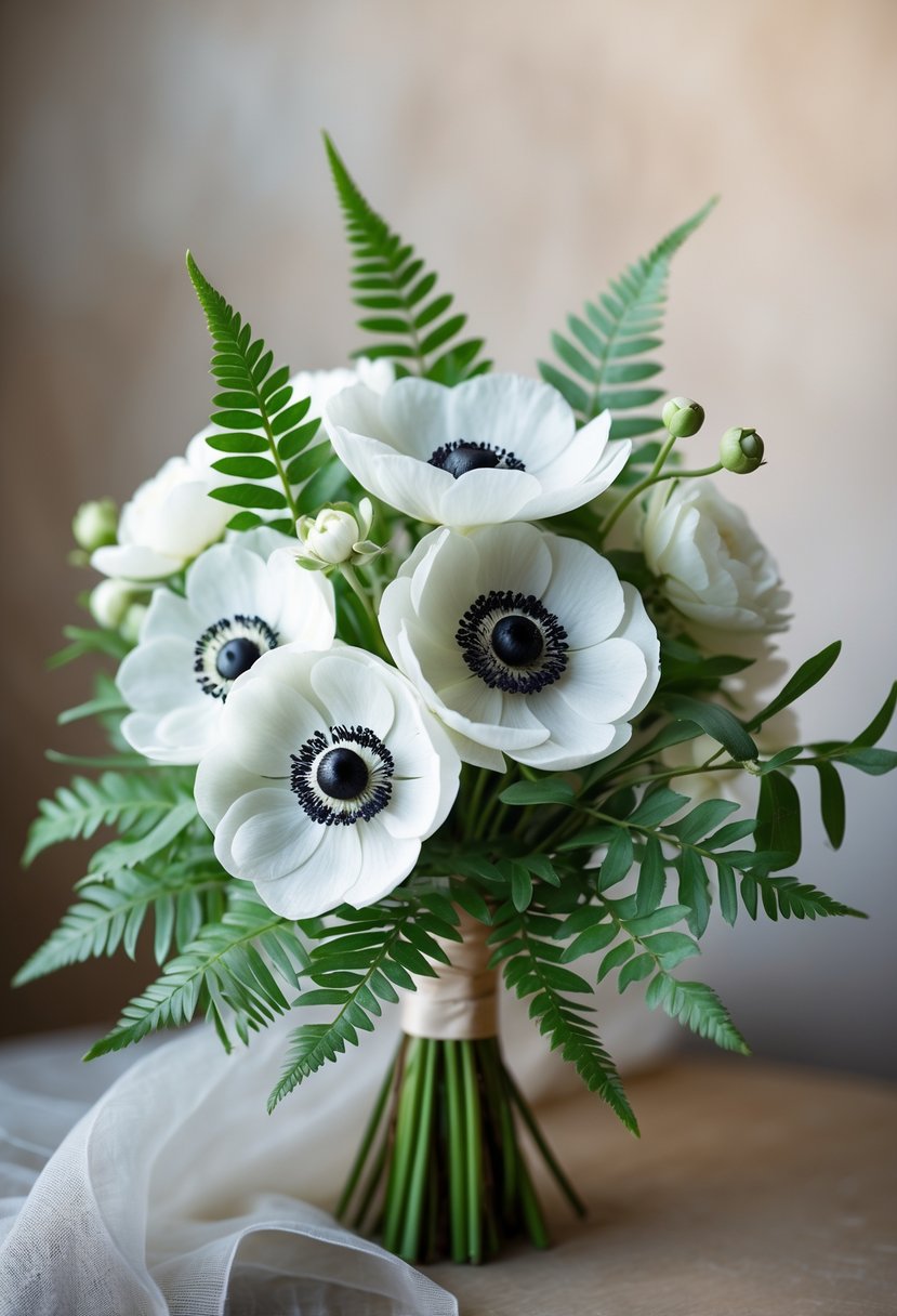 A small wedding bouquet of white anemones and green fern leaves on a softly blurred background.