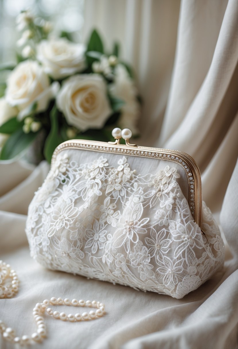 A custom clutch purse made from white dress lace resting on a soft fabric surface with wedding flowers and a pearl necklace nearby.