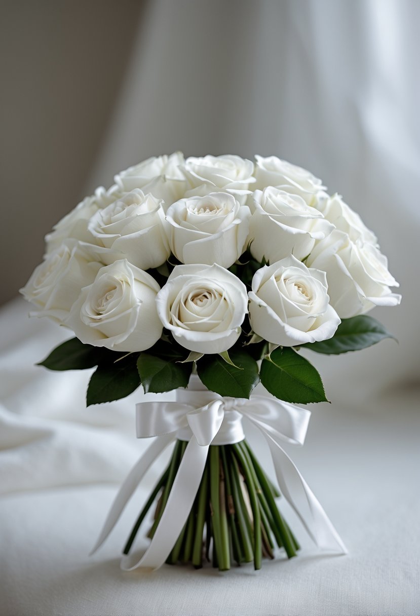 A small bouquet of white roses with green leaves wrapped in white ribbon on a neutral background.