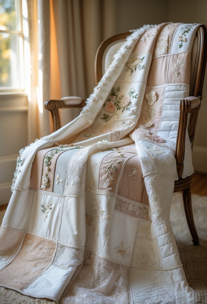 A handmade quilt made from wedding dress fabrics draped over a wooden chair in a softly lit room.