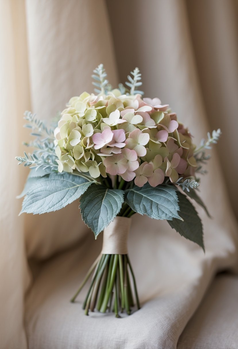 A small wedding bouquet with mini hydrangea flowers and dusty miller leaves on a softly blurred background.