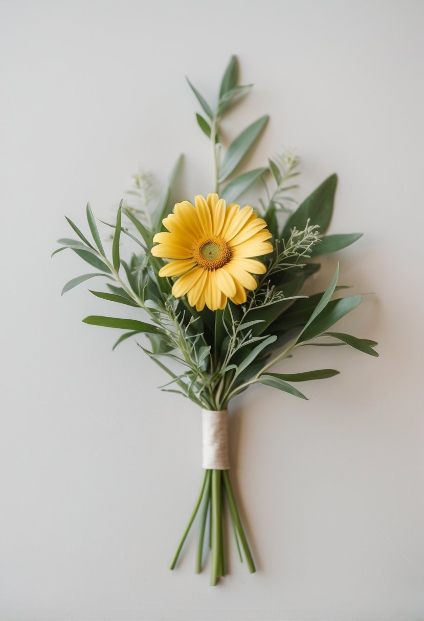 A small wedding bouquet with a golden yellow daisy and green leaves on a neutral background.