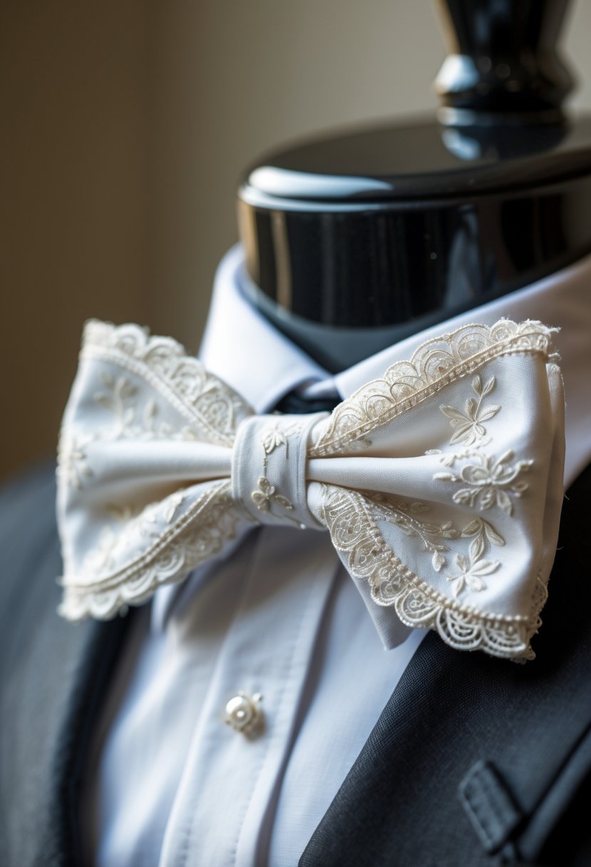 Close-up of a groom wearing a bow tie made from white wedding dress fabric on a white shirt and black suit.