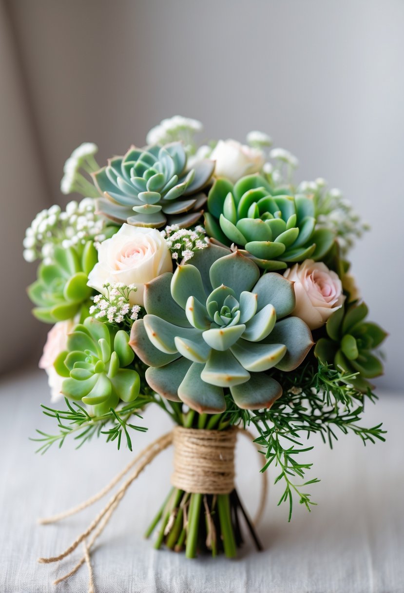 A small wedding bouquet with green succulents and white flowers tied with a ribbon against a neutral background.