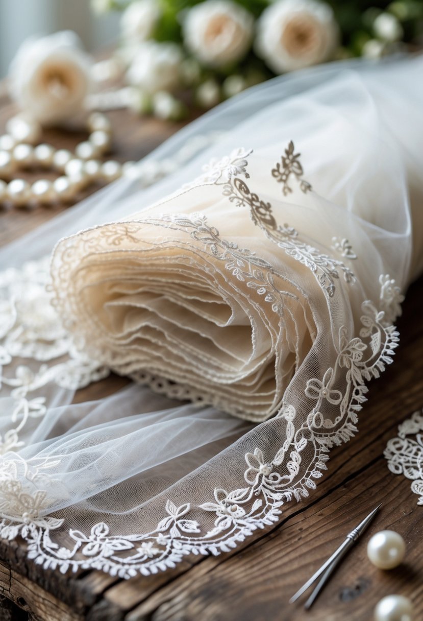 A close-up of a delicate wedding veil made from dress remnants laid on a wooden surface with pearls and a sewing needle nearby.