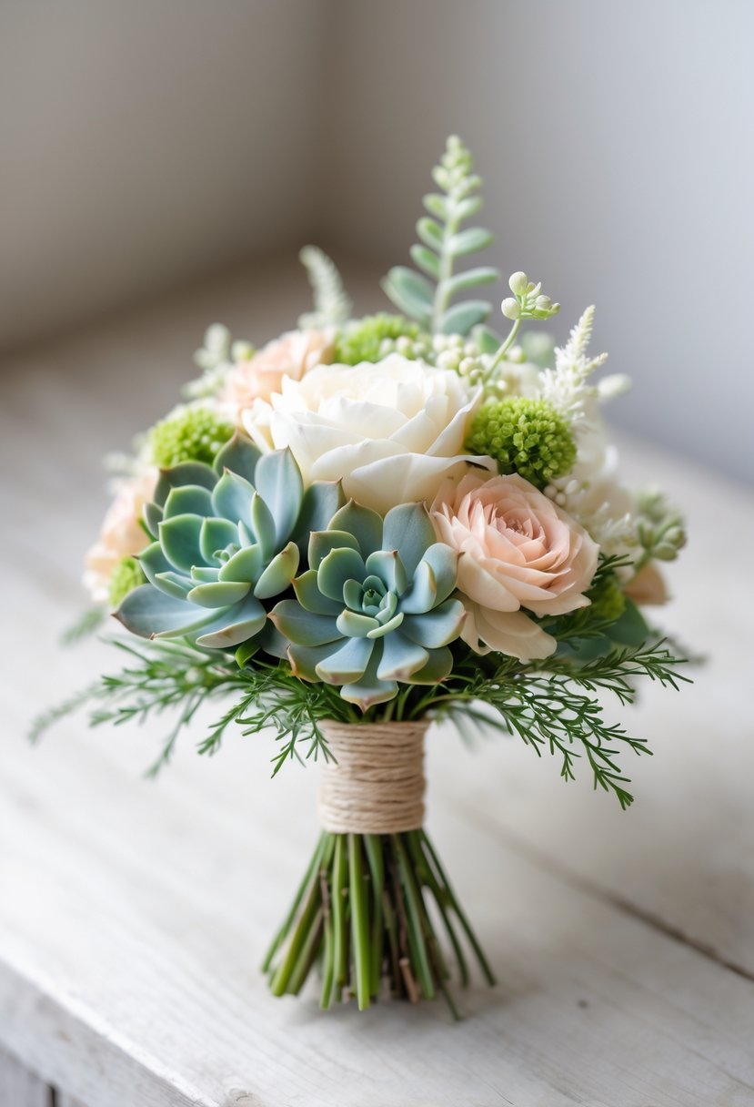 A small wedding bouquet with green succulents, white and pale blush flowers, tied with a light ribbon, resting on a wooden surface.