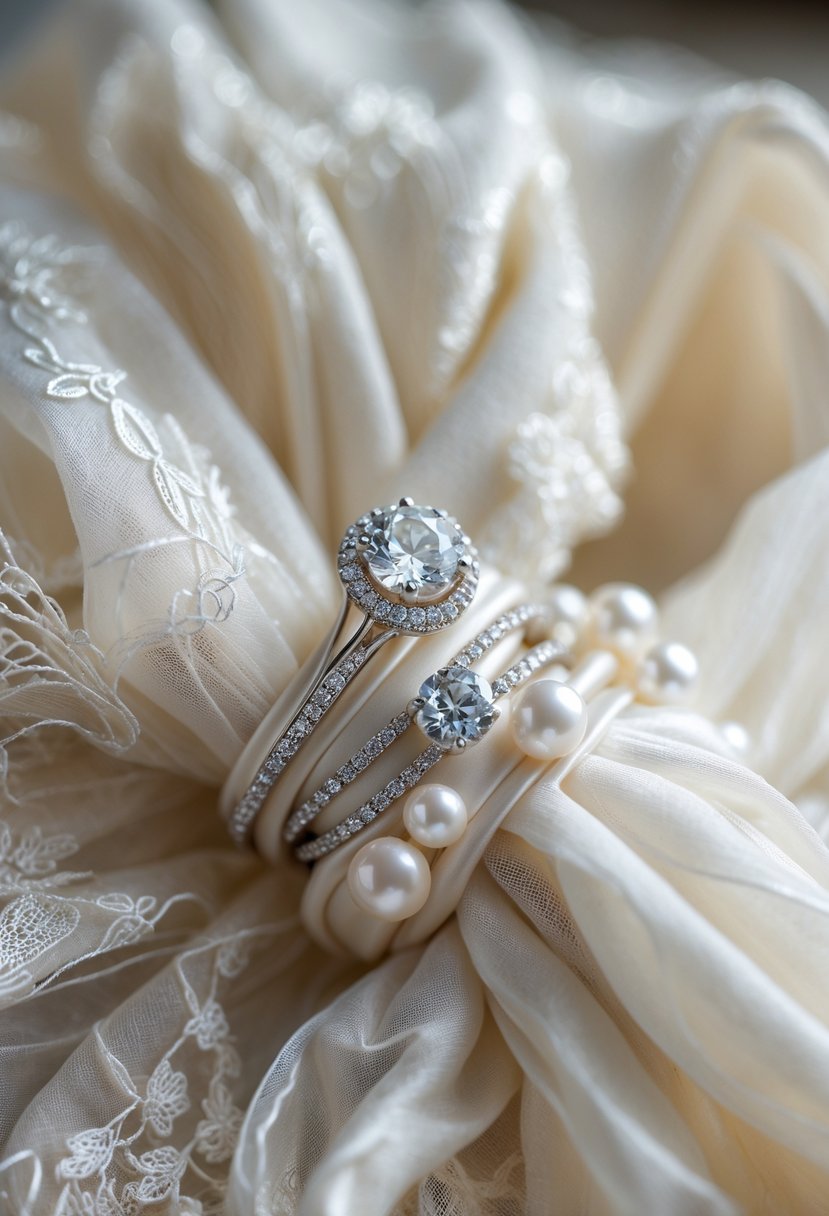 Close-up of wedding dress fabric gently wrapped around sparkling jewelry including a ring, earrings, and bracelet.