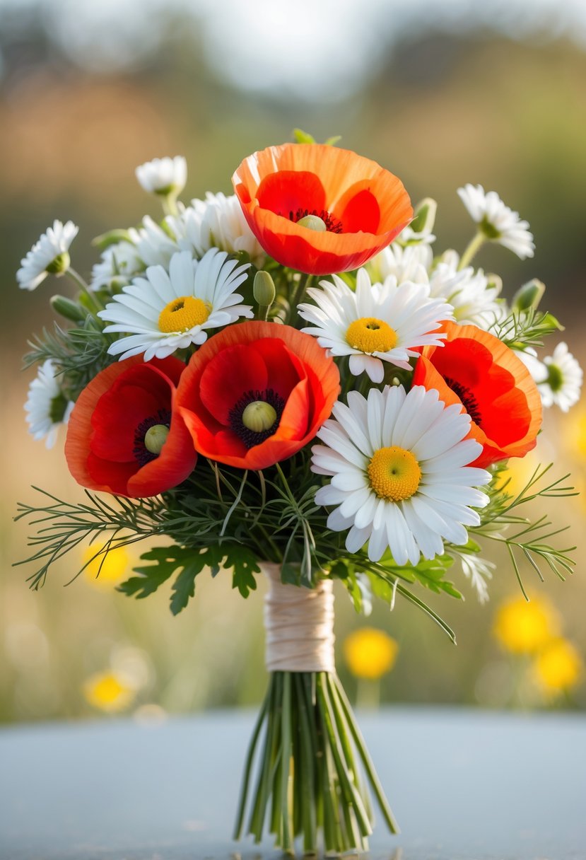 A small wedding bouquet of red poppies and white daisies with green leaves.