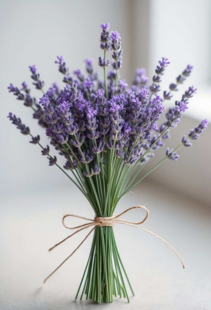 A small bouquet of tiny lavender sprigs tied together with a simple ribbon on a neutral background.