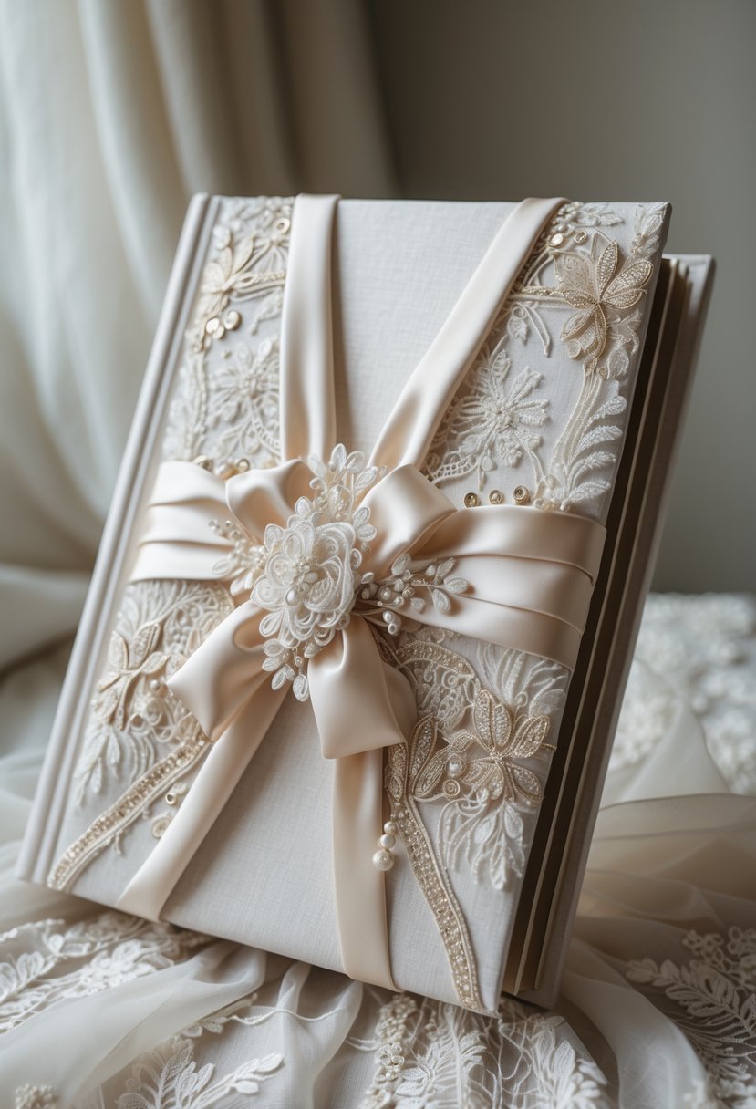 A photo album cover decorated with lace and satin fabric, designed as a wedding dress keepsake.