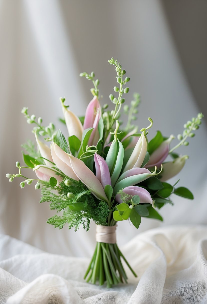 A small wedding bouquet with sweet pea flowers and mint green leaves on a neutral blurred background.