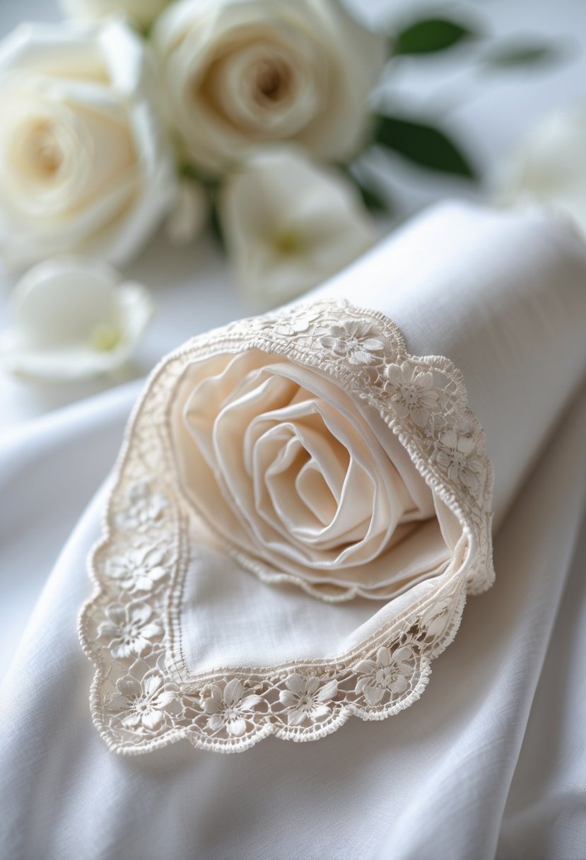 A lace-trimmed wedding handkerchief folded on a white surface with soft floral elements in the background.