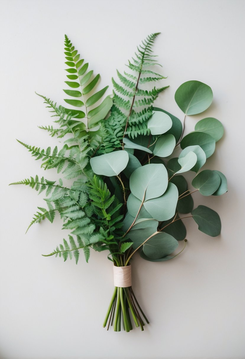 A small wedding bouquet made of green ferns and eucalyptus leaves against a plain background.