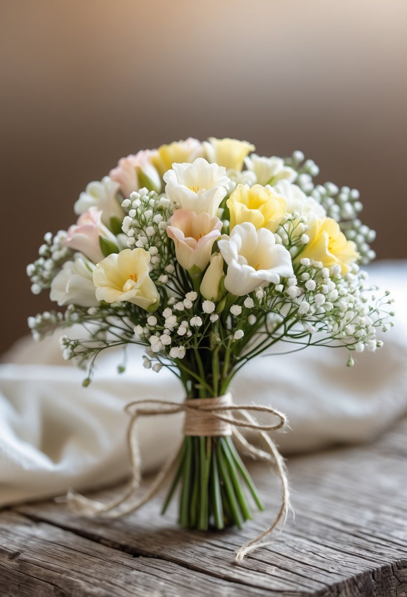 A small wedding bouquet made of tiny freesia flowers and baby's breath resting on a wooden surface.