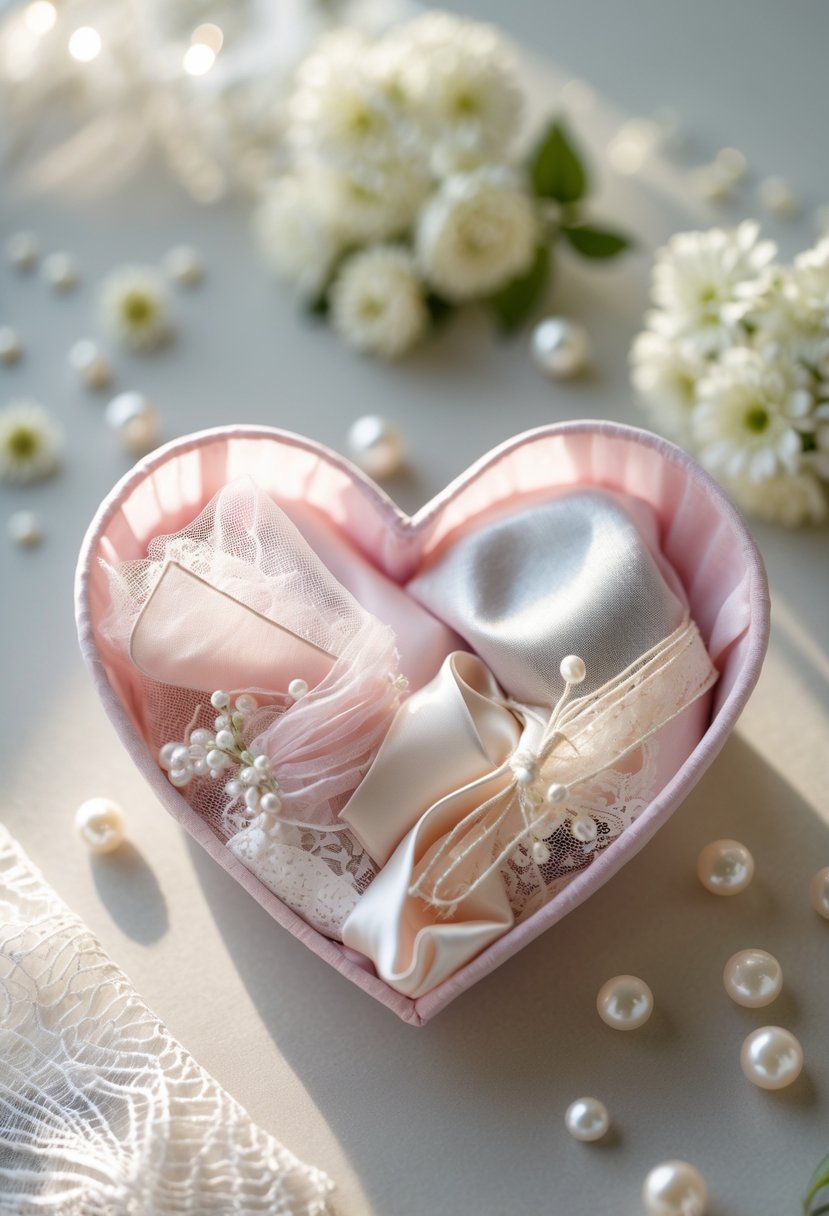 Heart-shaped sachet filled with pieces of wedding dress fabric placed on a neutral surface with small flowers and pearls around it.