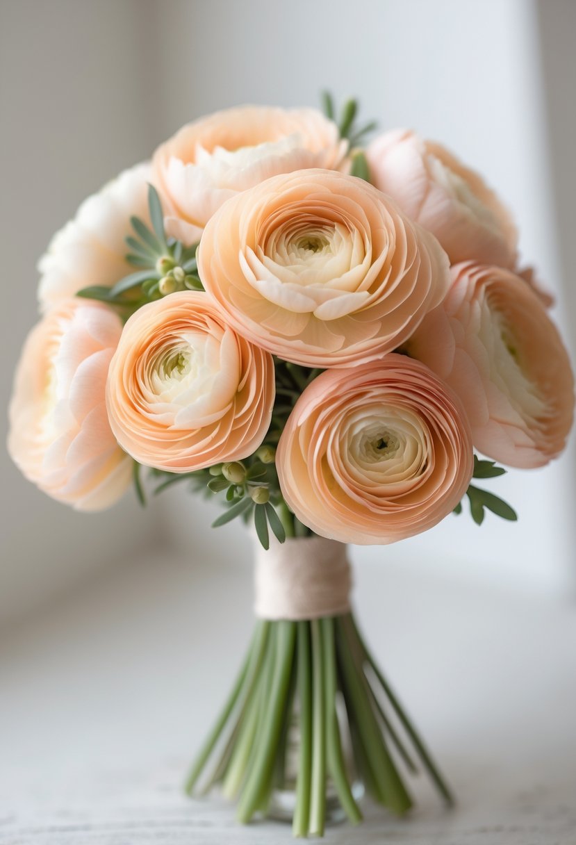A small bouquet of soft peach ranunculus flowers arranged simply with minimal greenery on a neutral background.