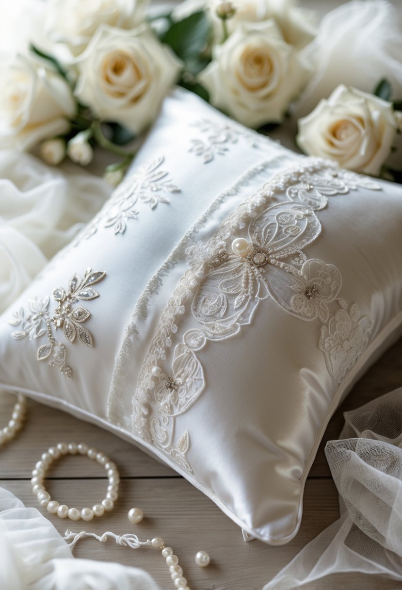 A memory pillow made from wedding dress fabric displayed with wedding keepsake items on a wooden surface.