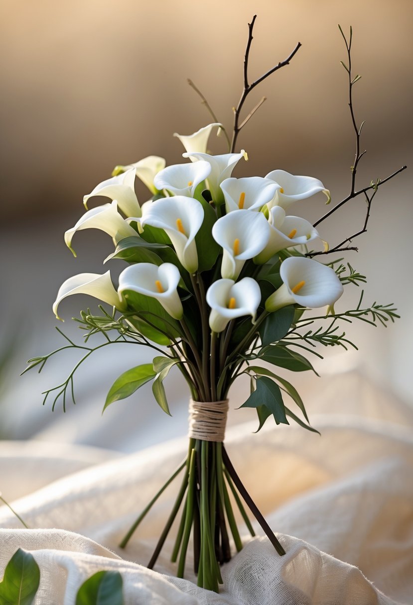A small wedding bouquet of white mini calla lilies with thin willow twigs and green leaves on a softly blurred background.