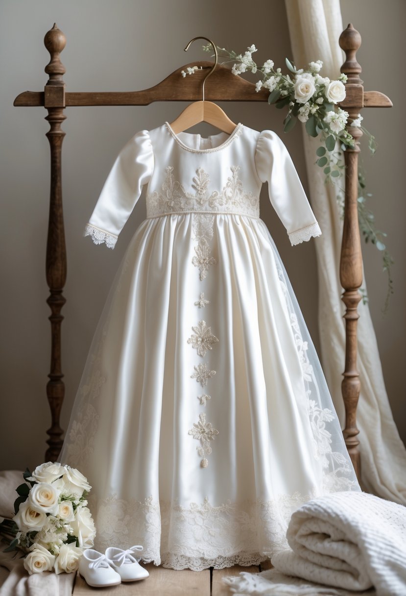 A white christening gown made from a wedding dress displayed on a wooden hanger with baby shoes and a small bouquet nearby.
