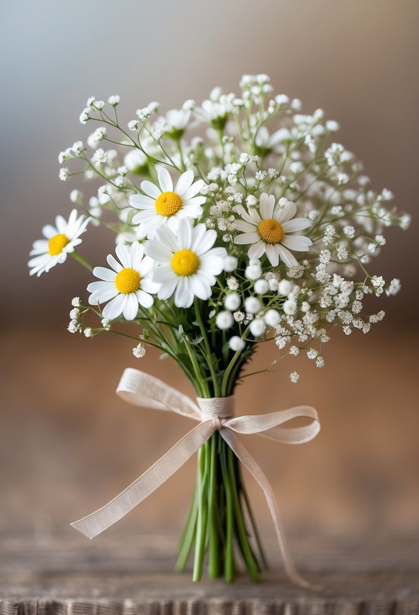 A small wedding bouquet made of mini chamomile flowers and baby's breath held against a softly blurred background.