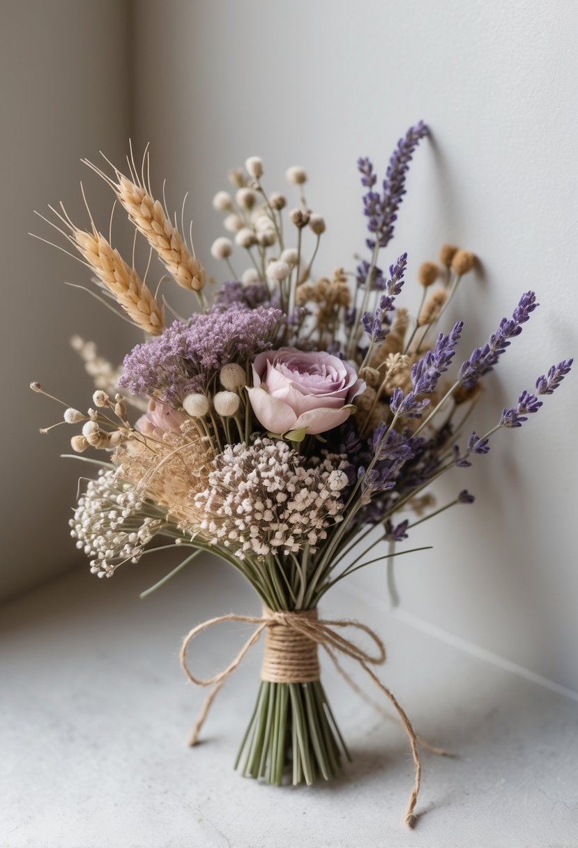 A small wedding bouquet made of dried flowers and lavender sprigs tied with twine, resting on a light background.