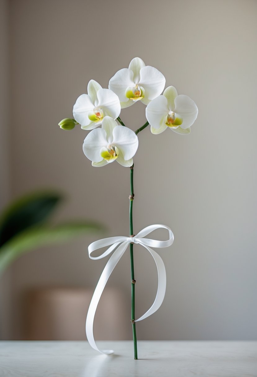 A single white orchid stem tied with a white ribbon, displayed as a small wedding bouquet against a soft neutral background.