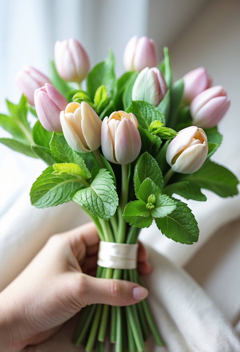 A small bouquet of tulips mixed with green mint leaves on a light background.