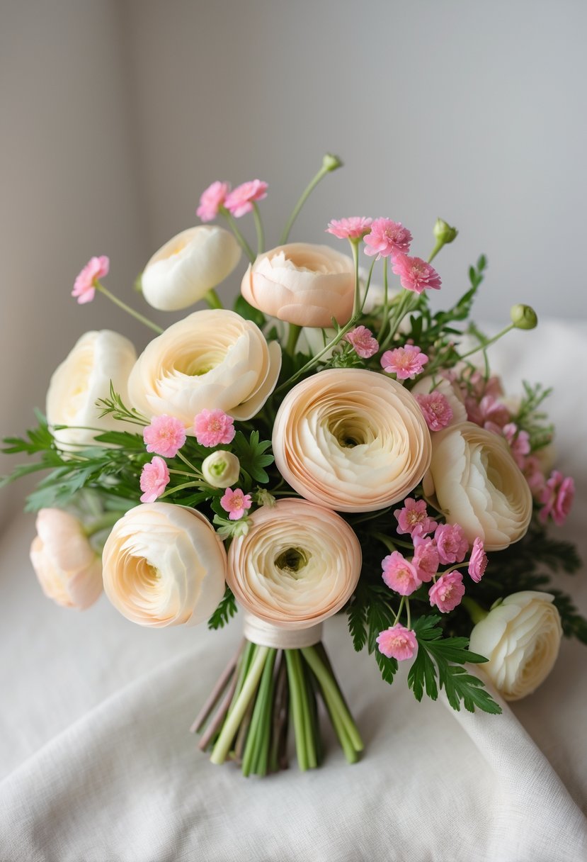 A small wedding bouquet of cream and pale peach ranunculus flowers mixed with pink waxflower blossoms and green leaves on a light background.