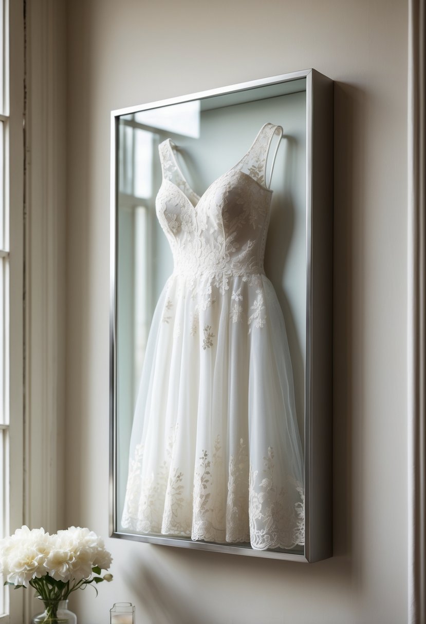 Framed piece of white wedding dress fabric displayed on a neutral wall with soft lighting and a small vase of white flowers nearby.