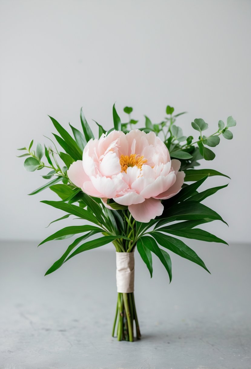 A small wedding bouquet with a pale pink peony and green leaves on a neutral background.