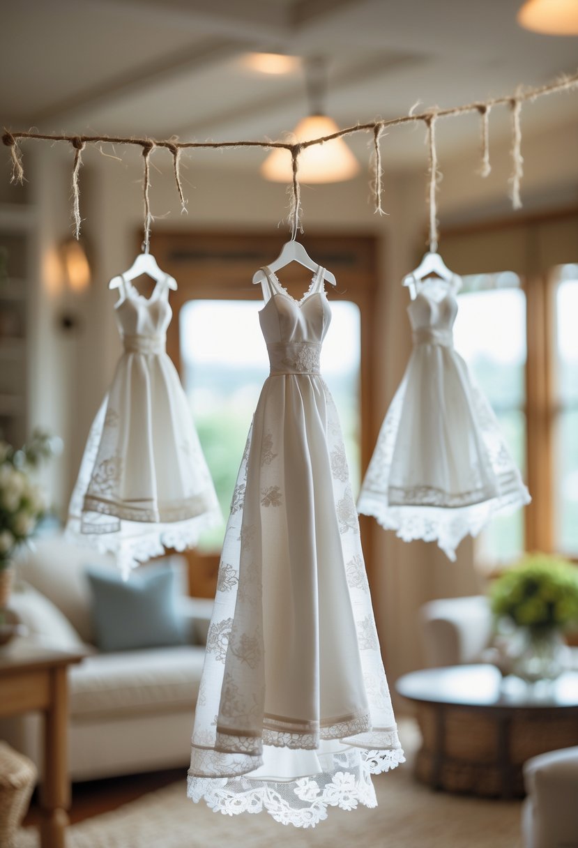Miniature white wedding dress garland hanging in a cozy home interior with soft natural light.