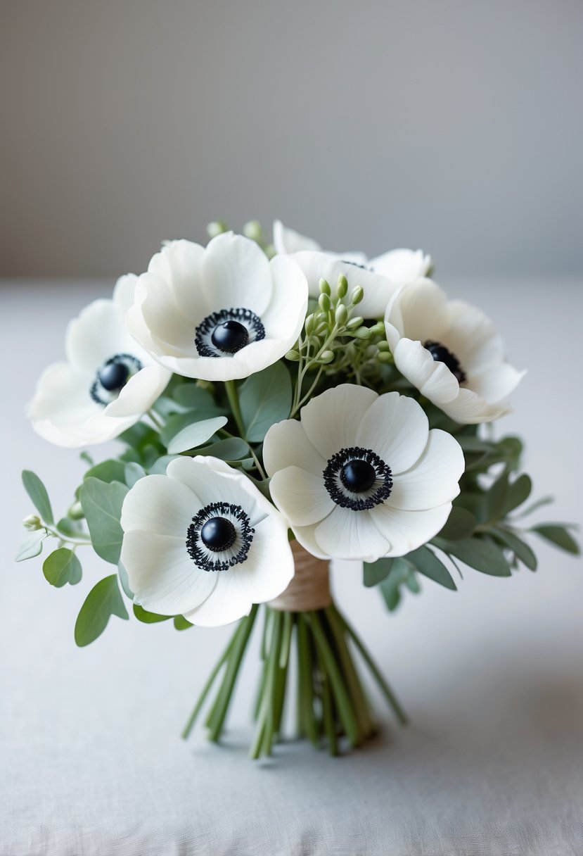 A small wedding bouquet of white anemone flowers with black centers and green leaves on a neutral background.